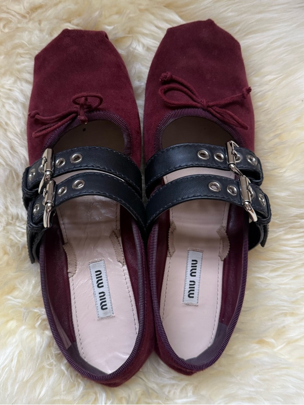 Miu Miu Burgundy Suede Mary Jane Flats with Black Buckle Straps
